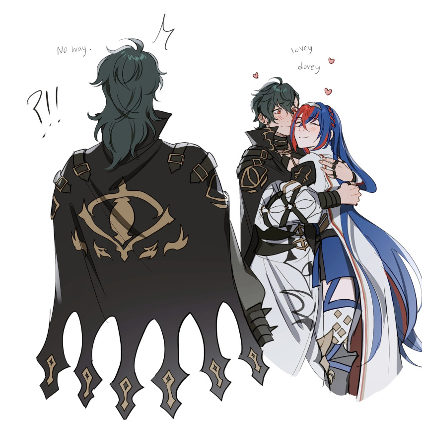 1boy 1girl alear_(female)_(fire_emblem) alear_(fire_emblem) blush cape closed_eyes closed_mouth fire_emblem fire_emblem_engage green_hair gregory_(fire_emblem) hair_between_eyes highres hug long_hair long_sleeves looking_at_another multicolored_hair oratoza red_eyes short_hair skirt tiara two-tone_hair very_long_hair white_background