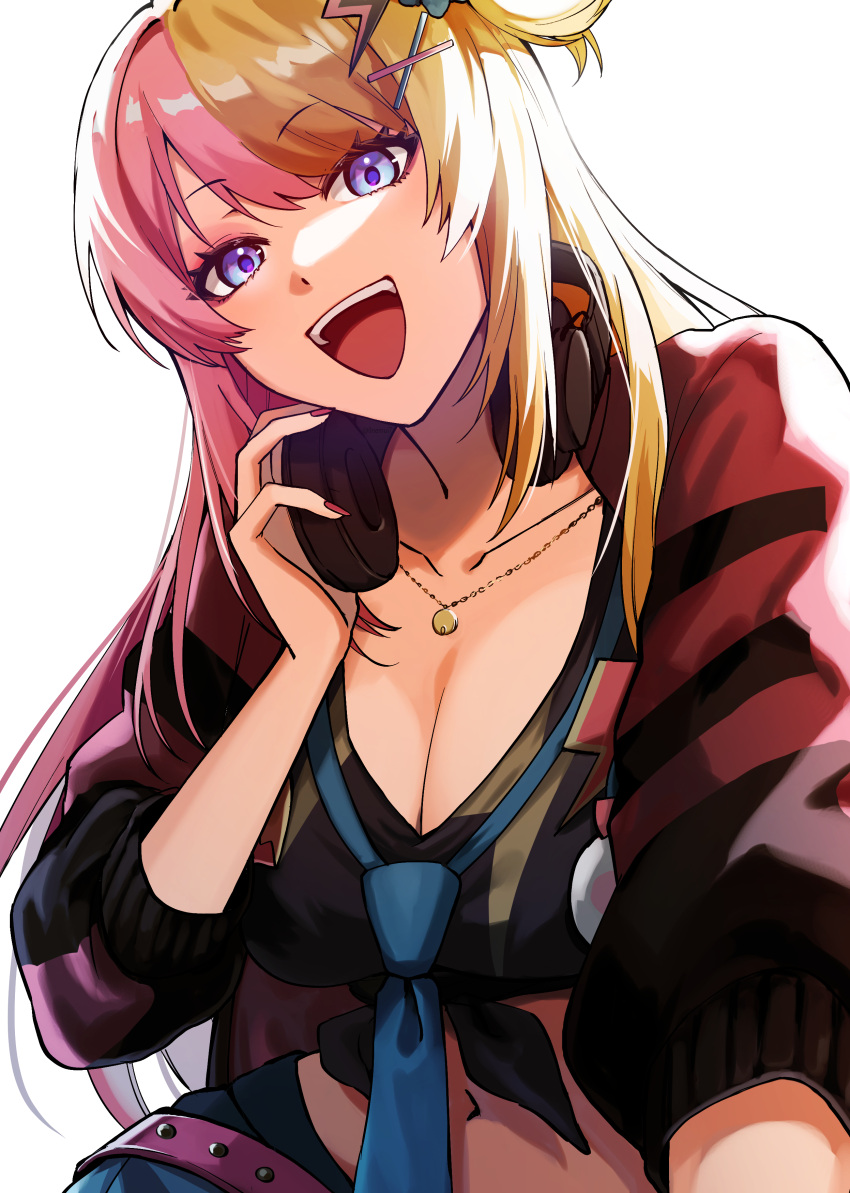 1girl :d absurdres black_jacket black_shirt blonde_hair blue_necktie breasts cleavage commentary cropped_jacket front-tie_top hair_ornament hand_on_headphones headphones headphones_around_neck highres jacket jewelry kotoka_torahime large_breasts lightning_bolt_hair_ornament lightning_bolt_symbol long_hair multicolored_clothes multicolored_hair multicolored_jacket necklace necktie nijisanji nijisanji_en open_mouth pink_hair pink_jacket shirt smile solo split-color_hair symbol-only_commentary tokitsu_(0nemui7) two-tone_hair x_hair_ornament