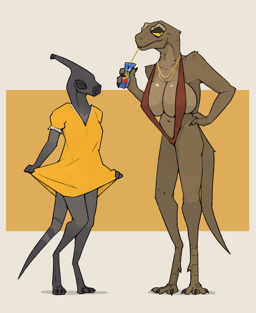 3_toes absurd_res anthro beverage bikini blush brown_body callum_(zagz) caprisun clothing dinosaur dress duo feet female freckles full-length_portrait gold_(metal) hadrosaurid hi_res jayda_(zagz) jewelry looking_away male markings necklace ornithischian parasaurolophus portrait reptile scalie simple_background sling_bikini smile swimwear tail tail_markings theropod toes tyrannosaurid tyrannosaurus tyrannosaurus_rex yellow_clothing yellow_eyes zagz