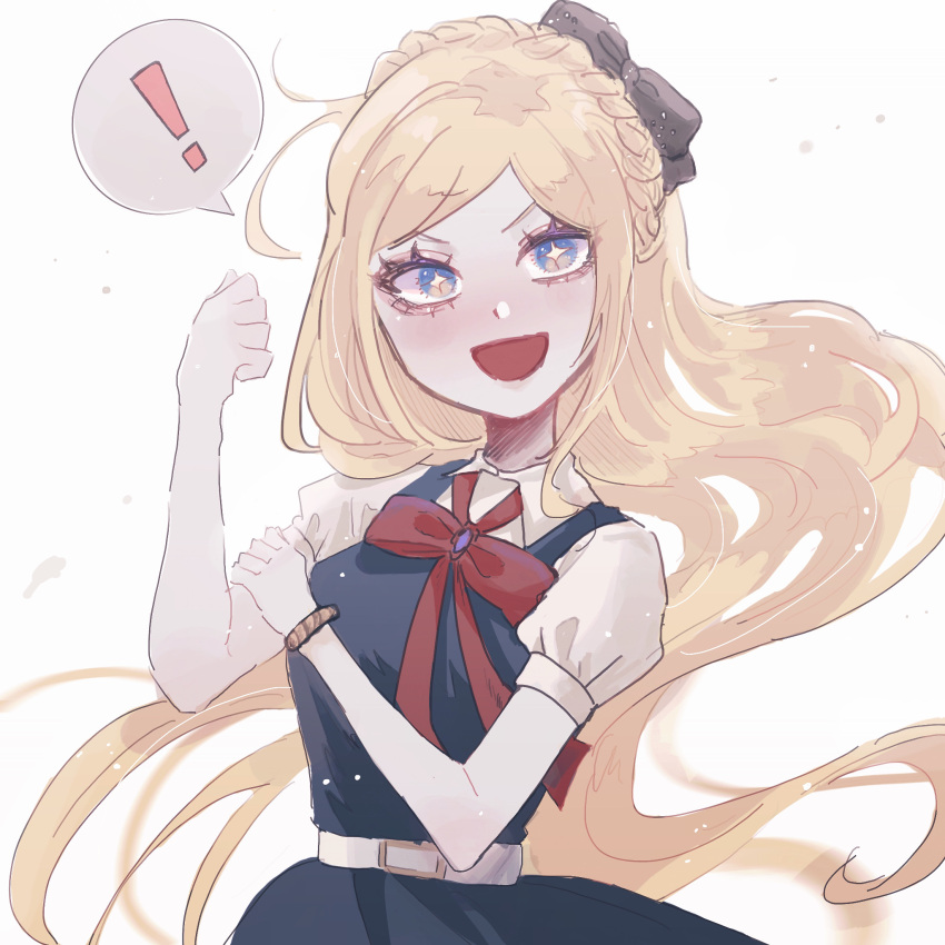 ! 1girl :d black_bow black_dress blonde_hair bow bowtie braid crown_braid danganronpa_(series) danganronpa_2:_goodbye_despair dress gem hair_bow highres long_hair naruse_(nal1525) open_mouth puffy_short_sleeves puffy_sleeves red_bow red_bowtie short_sleeves smile solo sonia_nevermind speech_bubble