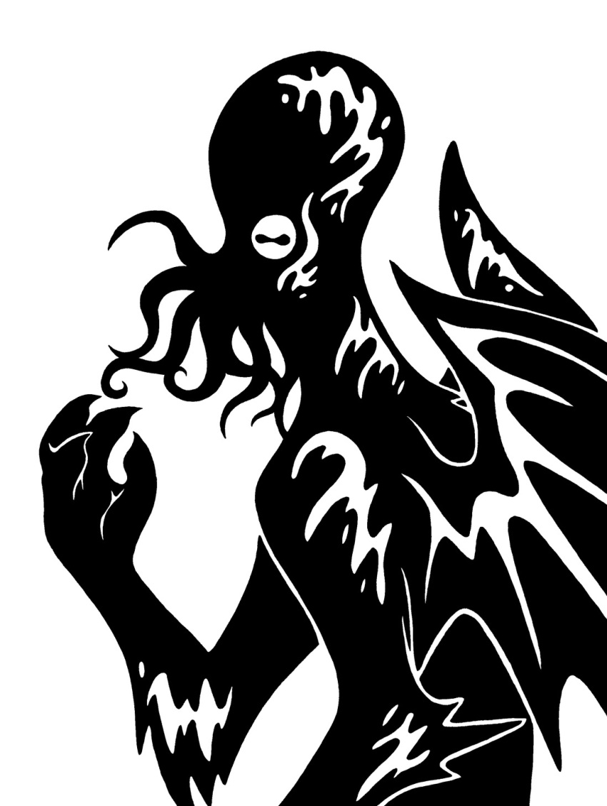 2015 4_claws 4_fingers ambiguous_gender black_and_white claws cthulhu cthulhu_mythos digital_drawing_(artwork) digital_media_(artwork) eldritch_abomination face_tentacles fingers h.p._lovecraft hi_res horizontal_pupils humanoid membrane_(anatomy) membranous_wings mind_flayer monochrome pupils restricted_palette silhouette simple_background solo sunnyclockwork tentacles white_background wings