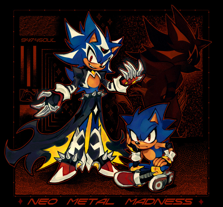 2boys 9474s0ul alternate_universe animal_ears animal_nose boots closed_mouth commentary english_commentary english_text fang fingerless_gloves frown full_body furry furry_male gloves head_rest highres indian_style looking_at_viewer male_focus metal_sonic multiple_boys neo_metal_sonic red_eyes red_footwear sitting smile sonic_(series) spiked_footwear standing