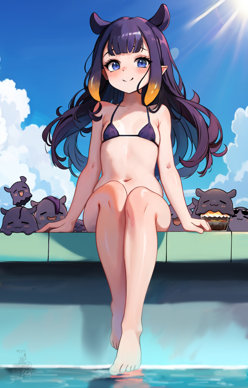 1girl absurdres bikini black_bikini blue_eyes blue_sky blunt_bangs breasts closed_mouth day english_commentary gradient_hair highres hololive hololive_english long_hair looking_at_viewer multicolored_hair navel ninomae_ina'nis orange_hair outdoors pointy_ears poolside purple_hair sidelocks sitting sky small_breasts smile sunlight swimsuit takodachi_(ninomae_ina'nis) tentacle_hair tentacles toes unstableboiler virtual_youtuber