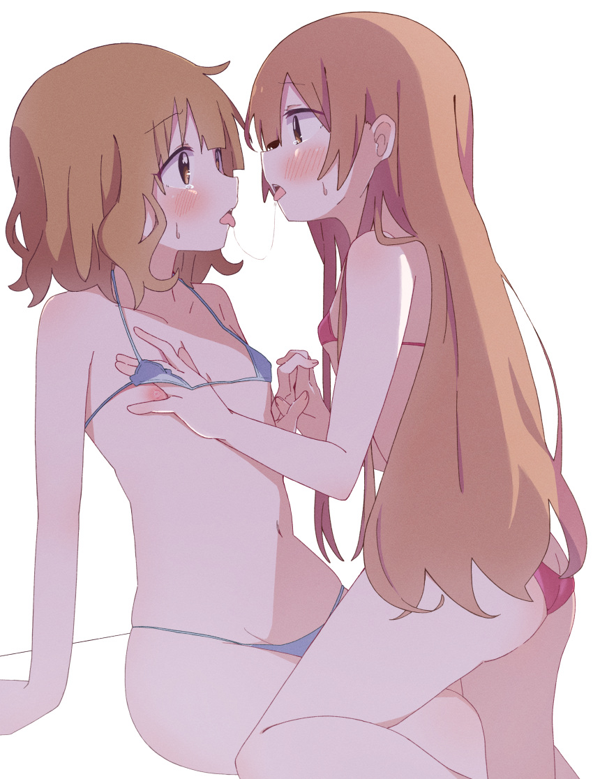 2girls absurdres after_kiss bikini blue_bikini breast_grab breasts brown_eyes brown_hair commentary_request eye_contact grabbing highres holding_hands incest long_hair looking_at_another mesushio micro_bikini multiple_girls nipples oomuro_hanako oomuro_sakurako red_bikini saliva saliva_trail short_hair siblings simple_background sisters small_breasts swimsuit white_background yuri yuru_yuri