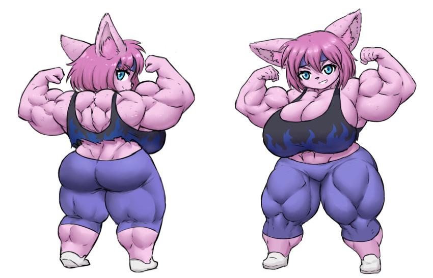 anthro bangs big_breasts blue_eyes bottomwear breasts clothing female flexing footwear fur hair inner_ear_fluff league_of_legends looking_back muscular muscular_female pink_body pink_fur pink_hair pink_inner_ear_fluff pink_nose riot_games rizz_(lol) sheepepp shirt simple_background smile solo teeth topwear torn_clothing torn_shirt torn_topwear tuft white_background yordle