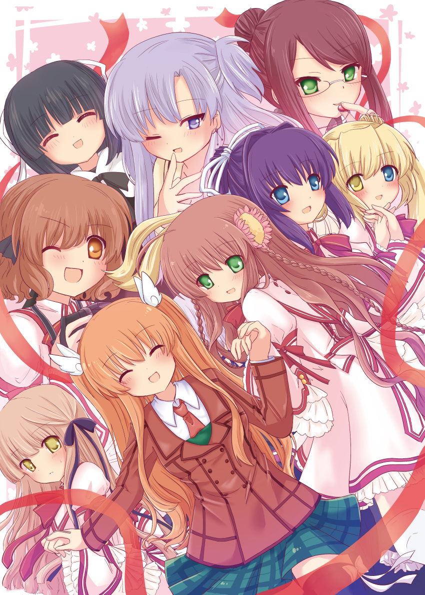 6+girls :d ;d ^_^ absurdres black_hair black_ribbon blonde_hair blue_eyes blue_hair blunt_bangs blush border brown_eyes brown_hair brown_jacket canaca_chiyuri closed_eyes commentary_request cowboy_shot dress earrings everyone eyes_visible_through_hair facing_viewer flower frilled_dress frills green_eyes green_skirt hair_between_eyes hair_bun hair_flower hair_ornament hair_ribbon happy heterochromia highres holding_hands inoue_(rewrite) jacket jewelry juliet_sleeves kanbe_kotori kazamatsuri_institute_high_school_uniform konohana_lucia light_blue_hair light_brown_hair long_hair long_ribbon long_sleeves looking_at_viewer medium_hair miniskirt multiple_girls nakatsu_shizuru neck_ribbon nishikujou_touka one_eye_closed one_side_up ootori_chihaya open_mouth orange_hair pink_background pink_dress pink_flower plaid plaid_skirt puffy_sleeves purple_eyes red_ribbon rewrite ribbon school_uniform senri_akane shimako_(rewrite) short_dress sidelocks simple_background single_hair_bun skirt smile straight_hair twintails two_side_up very_long_hair wavy_hair white_border white_ribbon wing_hair_ornament yellow_eyes