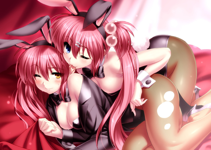 2girls :3 ahoge animal_ears assertive_female bare_shoulders biting black_bow black_bowtie black_jacket black_leotard blue_eyes blush bow bowtie breasts brown_pantyhose cleavage clenched_hand closed_mouth collar curvy detached_collar ear_biting eyelashes eyes_visible_through_hair fake_animal_ears fake_tail furrowed_brow futaki_kanata groin hair_between_eyes hair_bobbles hair_ornament hair_spread_out hairclip highres incest indoors jacket large_breasts leotard lips little_busters! long_hair long_sleeves looking_at_viewer lying multiple_girls naughty_face non-web_source off_shoulder on_bed on_side one_eye_closed one_side_up pantyhose playboy_bunny rabbit_ears rabbit_tail saigusa_haruka siblings side_ponytail sisters straight_hair sweat tail thighs torn_clothes torn_pantyhose twins very_long_hair white_collar white_wrist_cuffs yellow_eyes zen_(kamuro)
