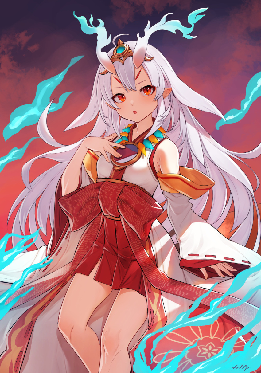 1girl aqua_fire arpeggio_kaga bare_shoulders bow detached_sleeves duel_monster fiery_horns fire green_fire hair_ornament highres horns japanese_clothes jewelry kimono kurikara_divincarnate long_hair long_sleeves mirror necklace red_eyes sleeveless sleeveless_kimono solo white_hair wide_sleeves yu-gi-oh!