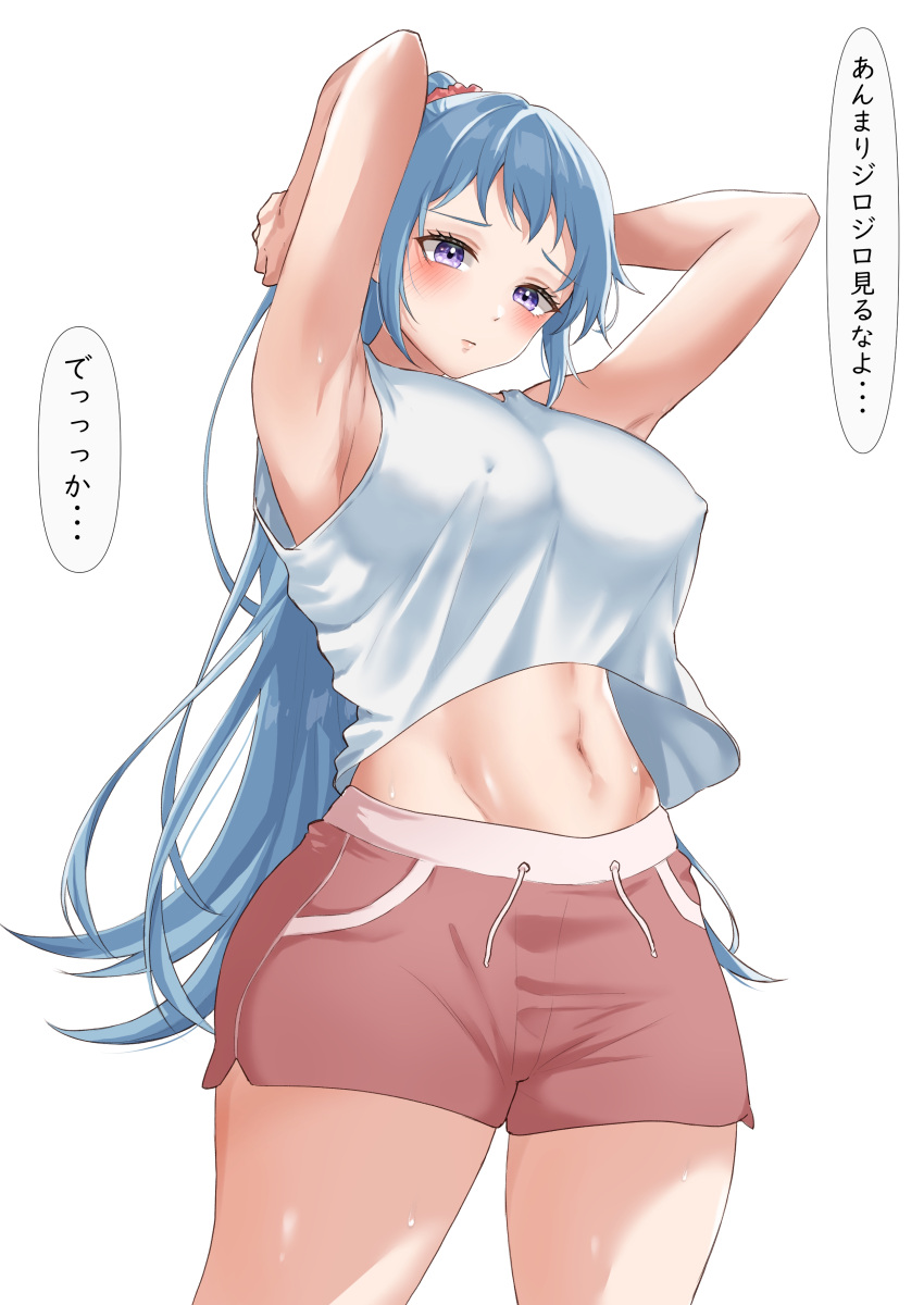 1girl absurdres armpits arms_behind_head arms_up bare_arms bare_shoulders blue_hair blush breasts closed_mouth cowboy_shot high_ponytail highres kawasaki_saki large_breasts light_(lightpicture33) long_hair loungewear midriff navel pink_scrunchie purple_eyes red_shorts scrunchie shirt shirt_overhang shorts simple_background solo speech_bubble standing t-shirt tented_shirt thighs translated white_background white_shirt yahari_ore_no_seishun_lovecome_wa_machigatteiru.