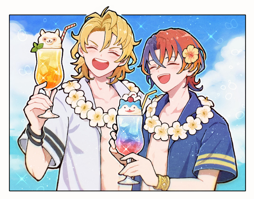 2boys :d alear_(fire_emblem) alear_(male)_(fire_emblem) amber_(fire_emblem) blonde_hair blue_hair blue_sky bracelet closed_eyes cocktail_glass cup drink drinking_glass fire_emblem fire_emblem_engage flower highres jewelry kuhaha male_focus multicolored_hair multiple_boys open_clothes open_mouth open_shirt red_hair shirt short_hair sky smile sommie_(fire_emblem) teeth two-tone_hair upper_teeth_only