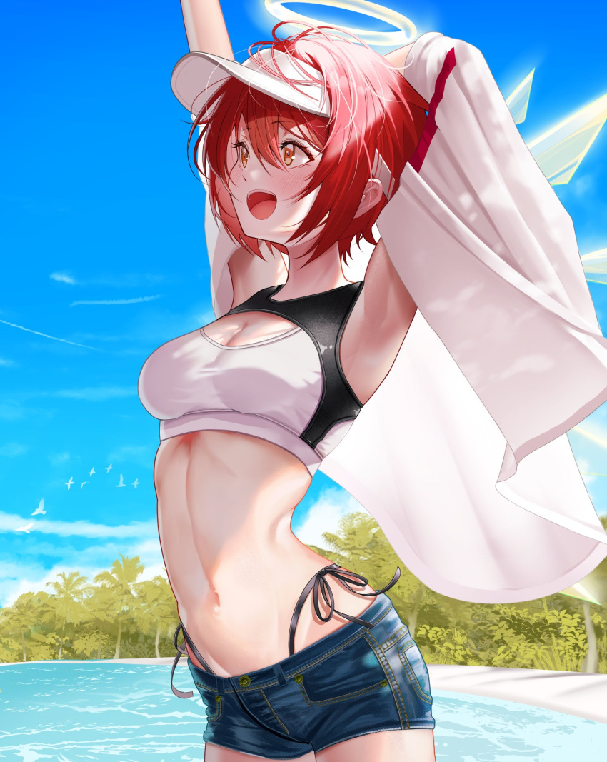 1girl arknights armpits arms_up beach bikini blue_shorts blue_sky breasts cleavage cloud day denim denim_shorts detached_wings energy_wings exusiai_(arknights) halo highres medium_breasts navel ocean open_mouth outdoors palm_tree red_eyes red_hair sand short_hair short_shorts shorts side-tie_bikini_bottom sky smile solo sonna_watashi standing stomach swimsuit tree visor_cap white_bikini wings