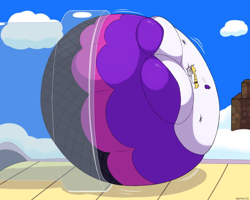 animous big_breasts black_clothing body_inflation breasts broodal clothing cloud dress female hariet_(mario) huge_breasts hyper hyper_breasts immobile inflation inflation_fetish lagomorph mammal mario_bros nintendo pipe puffed_cheeks purple_clothing round_body solo spherical_inflation stuck stuck_in_pipe super_mario_odyssey tight_clothing white_body