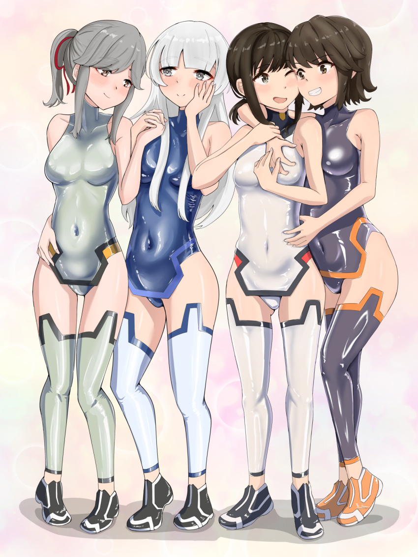 4girls black_eyes black_hair black_thighhighs blue_leotard blunt_bangs breasts brown_eyes cecilia_alcott cecilia_alcott_(cosplay) charlotte_dunois charlotte_dunois_(cosplay) cosplay covered_navel fubuki_(kancolle) full_body grey_eyes grey_hair grey_leotard grin highres infinite_stratos kantai_collection laura_bodewig laura_bodewig_(cosplay) leotard long_hair low_ponytail medium_hair miyuki_(kancolle) multiple_girls pilot_suit ponytail shinonono_houki shinonono_houki_(cosplay) shiny_clothes shirakumo_(kancolle) short_hair sidelocks skin_tight small_breasts smile thighhighs timosan usugumo_(kancolle) white_hair white_leotard white_thighhighs yuri