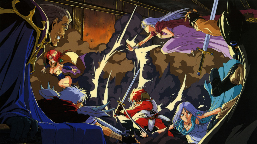 1990s_(style) 3girls 4boys armor blue_eyes boots bracelet breasts brown_gloves cape cleavage gloves grey_hair grin highres holding holding_sword holding_weapon houtani_yukitoshi indoors jewelry large_breasts long_hair magic multiple_boys multiple_girls muscular muscular_male non-web_source official_art outstretched_arm outstretched_arms pauldrons red_hair retro_artstyle short_hair shoulder_armor sitting smile smoke spiked_pauldrons spread_arms sword two-handed weapon ys ys_iv_dawn_of_ys