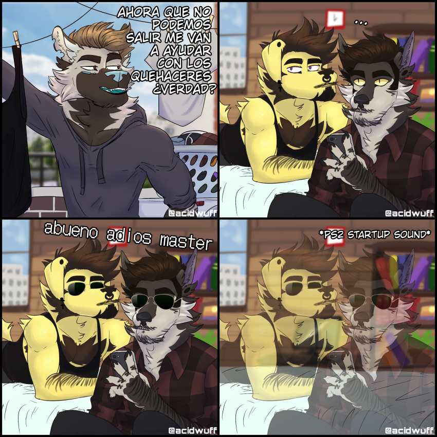 1:1 absurd_res acidwuff anthro artist_name black_clothing black_topwear blue_nose blue_tongue brown_eyes brown_hair canid cheek_tuft clothed clothing duo ear_piercing ear_ring eyewear facial_piercing facial_tuft fangs fur glasses grey_body grey_clothing grey_fur grey_hoodie grey_topwear group hair hi_res hoodie male mammal mouth_closed multiple_piercings narrowed_eyes neck_tuft nose_piercing nose_ring open_mouth piercing pink_eyes ring_piercing septum_piercing septum_ring short_hair teeth tongue topwear trio tuft wearing_glasses white_body white_fur yellow_body yellow_fur
