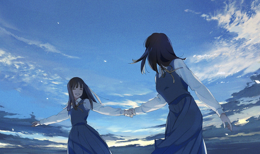 2girls ^_^ arm_at_side blue_skirt blue_sky blue_theme blue_vest bow bowtie breasts brown_hair closed_eyes cloud collared_shirt cowboy_shot day facing_another facing_to_the_side floating_hair from_below grey_skirt grey_vest grin happy highres holding_hands long_hair long_sleeves medium_hair multiple_girls original outdoors outstretched_arms pleated_skirt school_uniform shirt skirt sky smile solo spread_arms twilight vest white_shirt yellow_bow yellow_bowtie yuribou