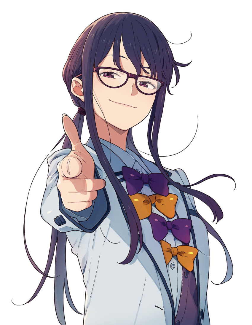 1girl bow bowtie cardigan finger_gun glasses hair_tie highres imigimuru jacket looking_at_viewer low_twintails make_heroine_ga_oo_sugiru! open_clothes open_jacket parted_bangs purple-framed_eyewear purple_bow purple_eyes purple_hair purple_sweater raised_eyebrow sidelocks smug solo sweater tsukinoki_koto twintails white_background white_jacket yellow_bow