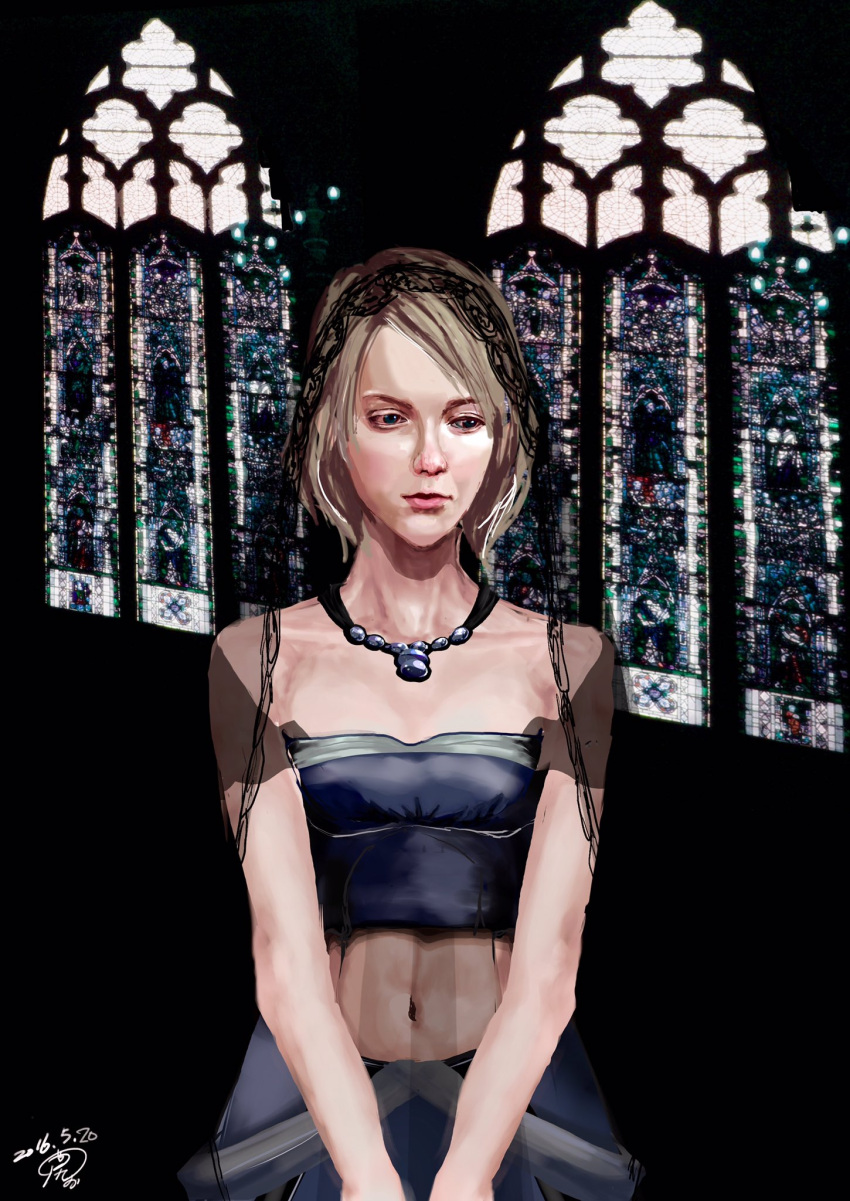 1girl ashelia_b'nargin_dalmasca bare_shoulders blonde_hair blue_eyes church closed_mouth dated final_fantasy final_fantasy_xii highres lipstick makeup midriff navel short_hair siotomato solo veil