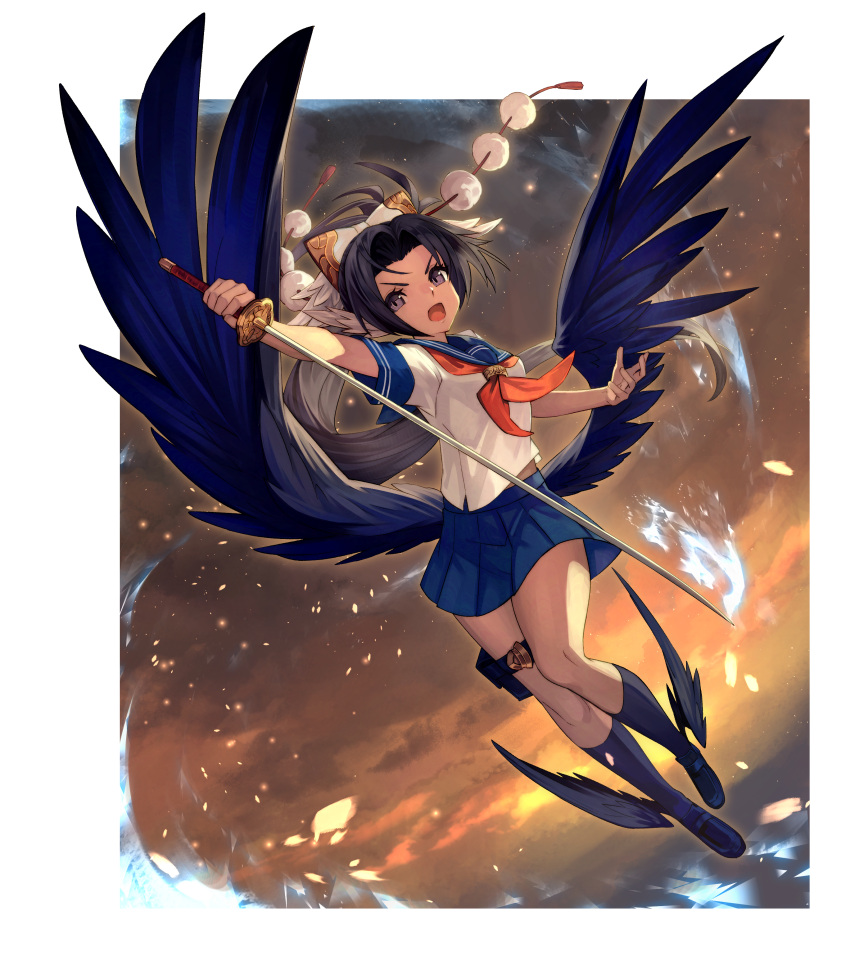 1girl absurdres black_hair bow cloud cloudy_sky commission feathered_wings full_body hair_bow head_wings highres holding holding_sword holding_weapon leg_wings loafers long_hair looking_at_viewer low_wings midriff_peek neckerchief open_mouth original outdoors parted_bangs pleated_skirt pom_pom_(clothes) ponytail purple_eyes school_uniform serafuku shoes short_sleeves skeb_commission skirt sky socks solo sunset sword tengu teo_(telo_ruka) thigh_strap v-shaped_eyebrows very_long_hair weapon wings