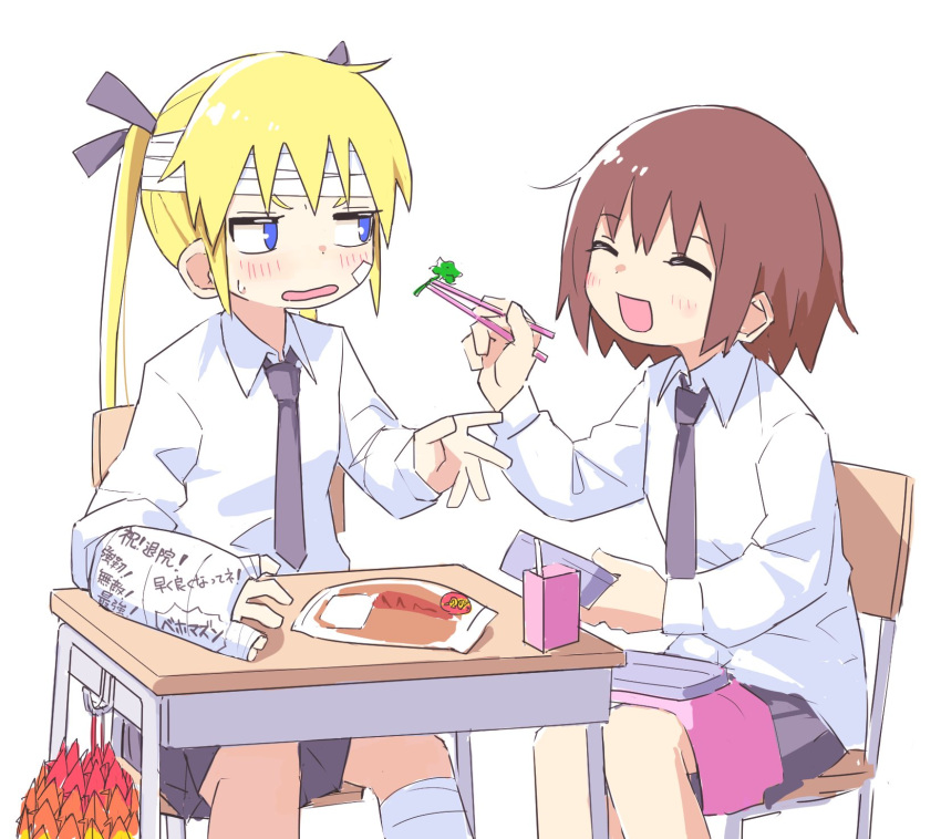 2girls bandaged_head bandages black_necktie black_skirt blonde_hair blue_eyes blush brown_hair cast chair chopsticks closed_eyes desk feeding food highres holding holding_chopsticks juice_box kill_me_baby long_hair long_sleeves multiple_girls necktie open_mouth oribe_yasuna school_chair school_desk school_uniform shirt short_hair simple_background sitting skirt sonya_(kill_me_baby) sweat twintails white_background white_shirt yachima_tana