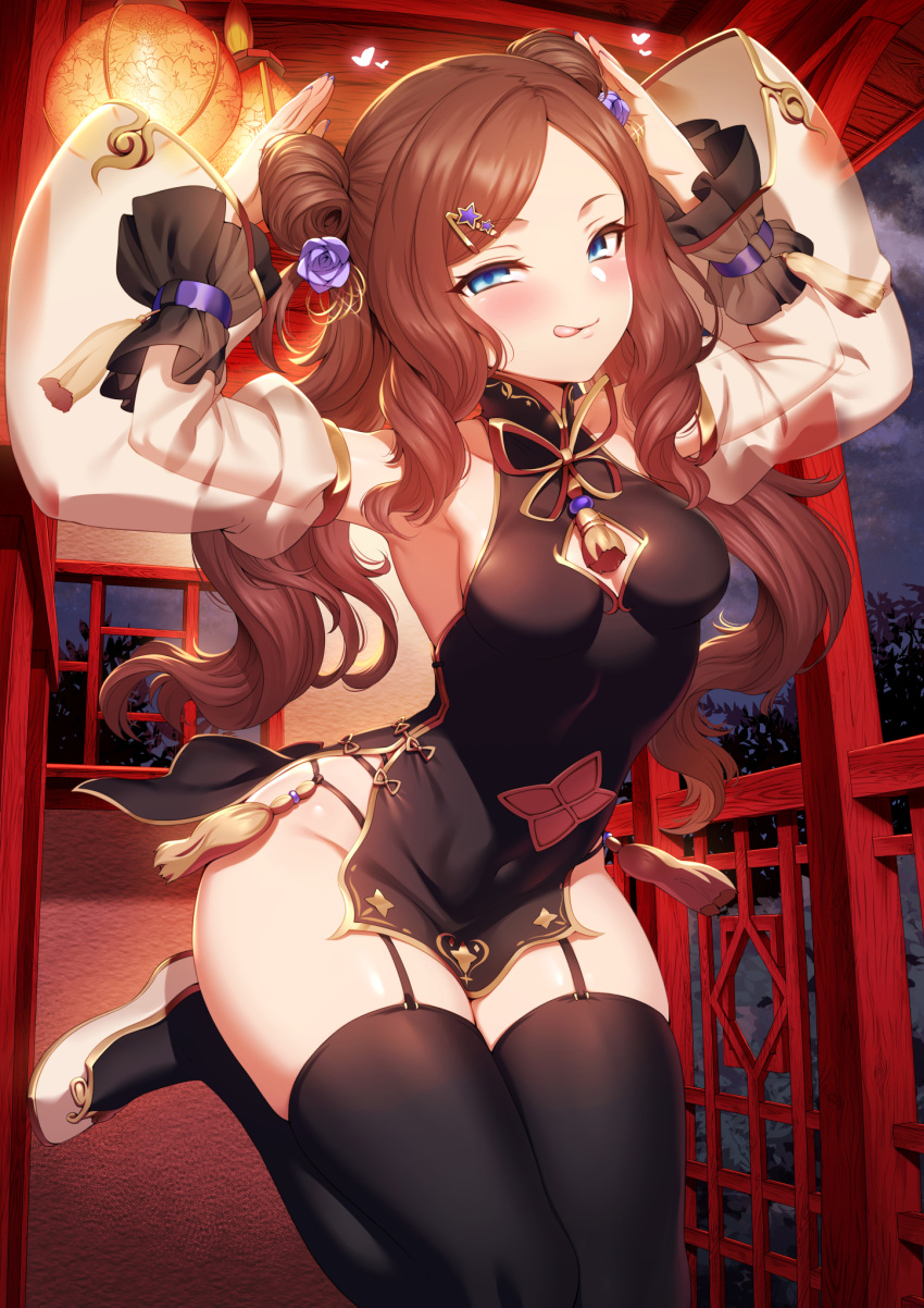 1girl black_dress black_thighhighs blue_eyes blush breasts brown_hair bun_cover china_dress chinese_clothes cleavage_cutout clothing_cutout detached_sleeves double_bun dress fate/grand_order fate_(series) forehead garter_straps hair_bun highres leonardo_da_vinci_(fate) leonardo_da_vinci_(rider)_(fate) licking_lips long_hair looking_at_viewer m-da_s-tarou parted_bangs pelvic_curtain short_dress side_slit small_breasts smile solo tassel thighhighs thighs tongue tongue_out