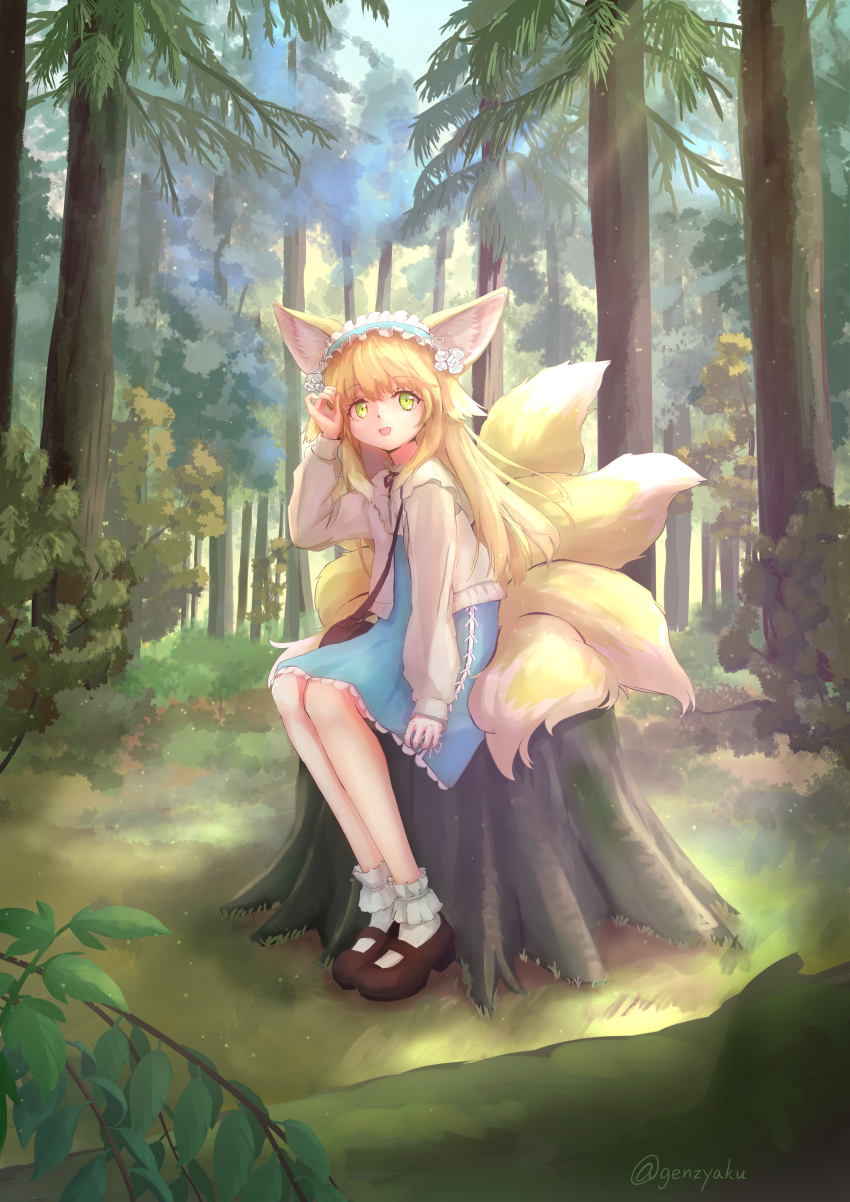 1girl absurdres animal_ear_fluff animal_ears ankle_socks arknights arm_up artist_name bag blonde_hair blue_hairband blue_skirt bobby_socks brown_bag brown_footwear cardigan commentary flower forest fox_ears fox_girl fox_tail frilled_hairband frills full_body genjaku green_eyes hair_flower hair_ornament hair_scrunchie hairband handbag highres kitsune kyuubi long_hair long_sleeves looking_at_viewer mary_janes multiple_tails nature neck_ribbon official_alternate_costume open_cardigan open_clothes open_mouth outdoors puffy_long_sleeves puffy_sleeves red_ribbon ribbon scrunchie shirt shoes shoulder_bag sitting sitting_on_tree_stump skirt sleeves_past_wrists socks solo stitches suzuran_(arknights) suzuran_(spring_praise)_(arknights) tail tree_stump twitter_username white_shirt white_socks yellow_cardigan