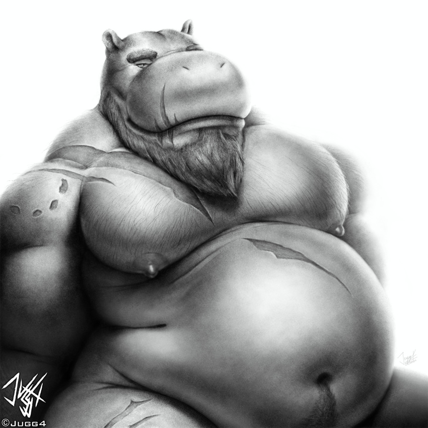 2023 anthro areola beard belly biceps big_belly biped body_hair chest_hair common_hippopotamus digital_media_(artwork) eyebrows facial_hair glistening glistening_eyes greyscale happy_trail hi_res hippopotamid jugg4 looking_at_viewer male mammal manly monochrome moobs musclegut muscular muscular_anthro muscular_male navel nipples nude overweight overweight_anthro overweight_male scar simple_background sitting smile solo white_background