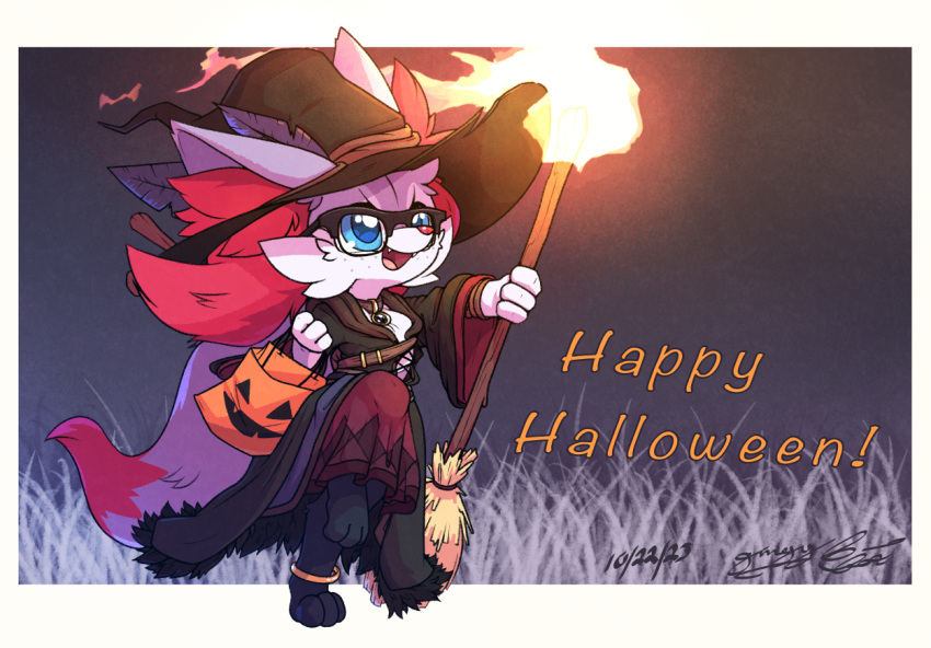 blue_eyes braixen broom candy_bag cleaning_tool clothing costume eyewear fire freckles generation_6_pokemon gingy_(gingy_k_fox) gingy_k_fox glasses halloween hat headgear headwear holidays jewelry nintendo pokemon pokemon_(species) shiny_pokemon text witch_hat