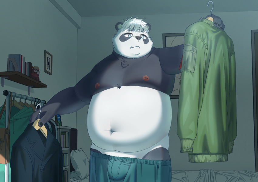 2023 anthro bear belly big_belly black_body black_nose bulge clothing detailed_background giant_panda hi_res inside kemoniku120 kemono male mammal moobs navel nipples overweight overweight_male sasayama_akira solo underwear vtuber white_body