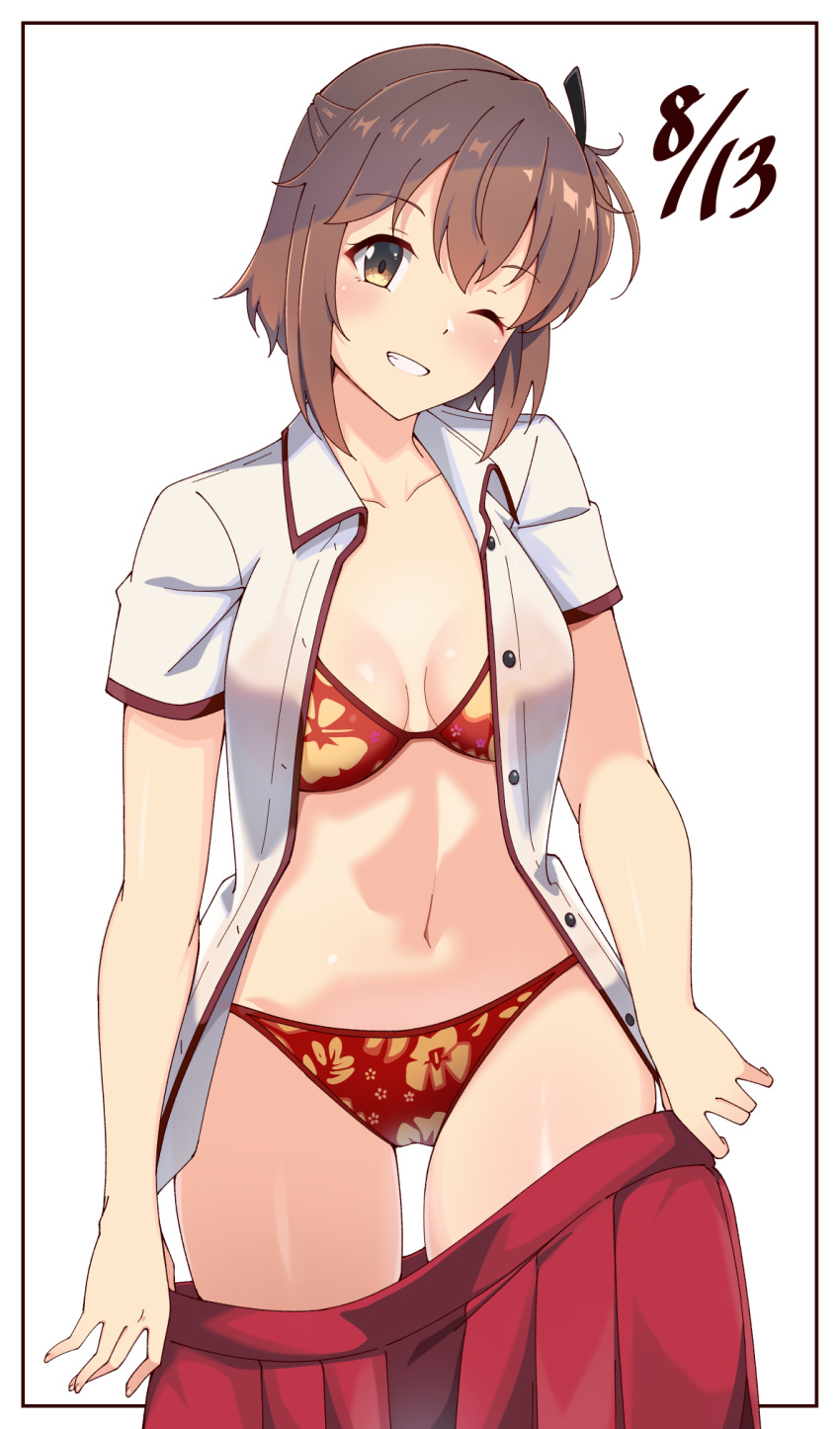 1girl bikini black_ribbon breasts brown_eyes brown_hair cleavage collared_shirt cowboy_shot dress_shirt etou_kanami floral_print grin hair_ribbon happy_birthday highres medium_breasts minoseki_gakuin_uniform motsutoko navel one_eye_closed one_side_up open_clothes red_bikini red_skirt ribbon shirt short_hair skirt smile solo swimsuit toji_no_miko undressing white_shirt