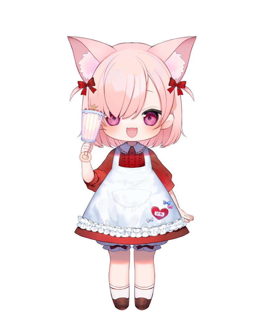 1girl absurdres animal_ear_fluff animal_ears apron bloomers blush bow brown_footwear cat_ears cat_girl character_name collared_dress dress female_child frilled_apron frills full_body hair_bow hand_up heart highres holding holding_rattle loafers looking_at_viewer medium_hair mitsurugi_lia name_tag official_art open_mouth pink_eyes pink_hair puffy_short_sleeves puffy_sleeves rattle red_bow red_dress second-party_source shoes short_sleeves simple_background smile socks solo takehana_note two_side_up underwear wactor_production white_apron white_background white_bloomers white_socks