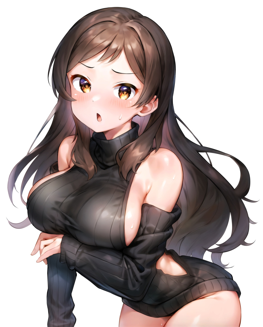 1girl bare_shoulders black_sweater blush breasts brown_eyes brown_hair commentary_request detached_sleeves dress halterneck highres idolmaster idolmaster_million_live! kitazawa_shiho large_breasts leaning_forward long_hair looking_at_viewer meme_attire naked_sweater open_mouth parted_bangs qianlou_(qianlou12374) ribbed_sweater sideboob simple_background sleeveless sleeveless_sweater sleeveless_turtleneck sleeves_past_wrists solo sweat sweater sweater_dress turtleneck turtleneck_sweater virgin_killer_sweater white_background