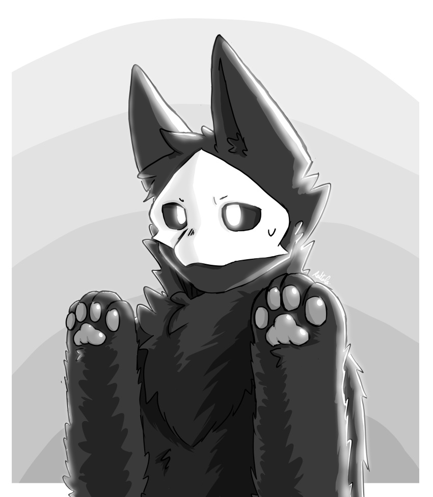 absurd_res anthro black_and_white black_body black_fur bodily_fluids canid canine canis changed_(video_game) colored digital_media_(artwork) fur goo_creature hi_res male mammal mask monochrome pawpads paws puro_(changed) redtale shaded signature simple_background solo sweat sweatdrop wolf