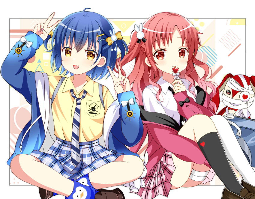2girls :d :p absurdres arm_up bag bandaged_leg bandages black_necktie black_socks blue_hair blue_jacket blue_socks blush bow brown_eyes brown_footwear candy closed_mouth collared_shirt commentary_request diagonal-striped_necktie double_v dress_shirt eyepatch food gochuumon_wa_usagi_desu_ka? grey_skirt hair_bow hair_ornament hand_up heart heart_eyepatch heart_lollipop highres holding holding_candy holding_food holding_lollipop hood hood_down hooded_jacket hugging_own_legs jacket jouga_maya kneehighs loafers lollipop long_hair long_sleeves multiple_girls natsu_megumi necktie one_side_up open_clothes open_jacket parted_bangs pink_jacket pink_skirt plaid plaid_skirt pleated_skirt rabbit_hair_ornament red_eyes red_hair ryoutan school_bag school_uniform shaped_lollipop shirt shoes single_kneehigh single_sock single_thighhigh skirt sleeves_past_wrists smile socks stuffed_animal stuffed_rabbit stuffed_toy thighhighs tongue tongue_out two_side_up v white_shirt white_thighhighs yellow_bow yellow_shirt