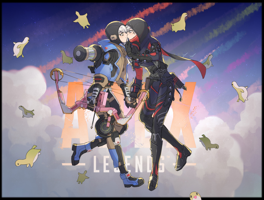 2girls absurdres animification apex_legends belt black_belt black_border black_footwear black_gloves black_jacket black_scarf blue_footwear blue_jacket bocek_compound_bow boots border bow_(weapon) brown_gloves chinese_commentary cloud contrail copyright_name deep_current_wattson gloves grey_hair highres holding holding_bow_(weapon) holding_hands holding_weapon hood hood_up imminent_kiss jacket logo multiple_girls nessie_(respawn) ninja official_alternate_costume rift_stalker_wraith scarf sky smile stuffed_toy tuxiaoning_not wattson_(apex_legends) weapon wraith_(apex_legends) yellow_eyes yuri