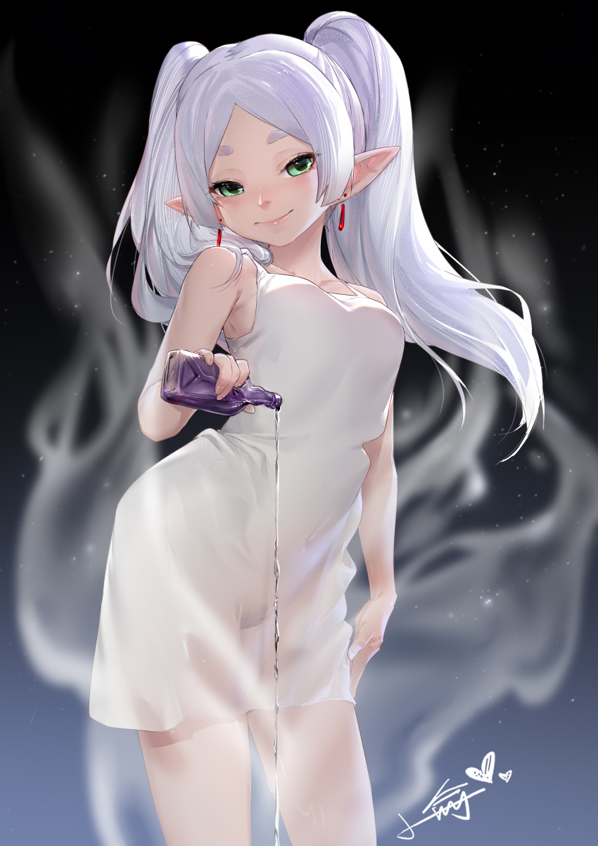 1girl absurdres bottle closed_mouth earrings elf frieren green_eyes grey_hair highres holding holding_bottle jewelry nightgown pointy_ears smile solo sousou_no_frieren spilling twintails white_nightgown xiaoyu