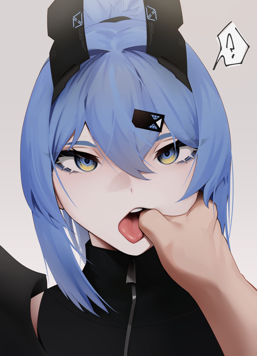 1boy 1girl ? absurdres blue_hair finger_in_another's_mouth hair_between_eyes hair_ornament hairclip highres long_hair looking_at_viewer multicolored_eyes open_mouth original saki_(the_atko) solo_focus the_atko tongue