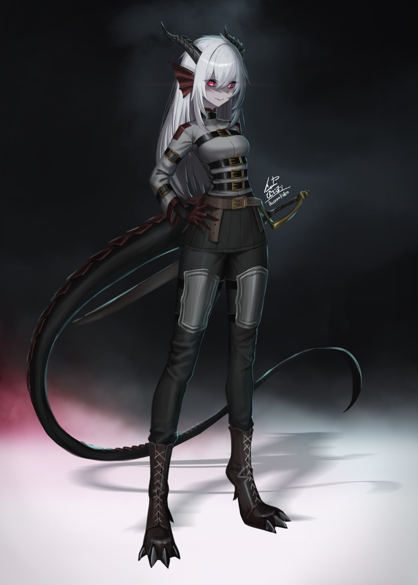 1girl absurdres artist_name belt black_background black_horns breasts colored_skin commission dragon_girl dragon_tail fantasy full_body grey_shirt grey_skin hand_on_own_hip highres horns ikasamahideo long_sleeves looking_at_viewer multiple_belts original pixiv_commission red_eyes sheath sheathed shirt small_breasts standing sword tail weapon white_hair