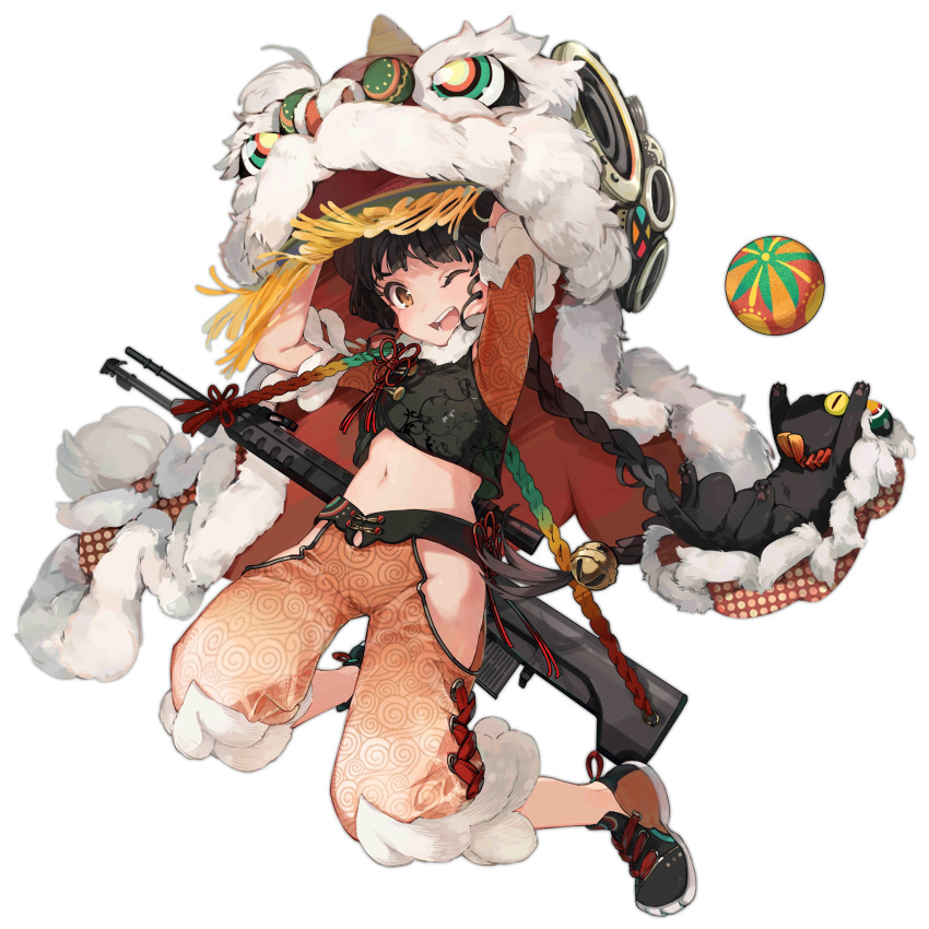 1girl arms_up ball bell black_footwear black_hair black_vest braid brown_eyes cat chinese_clothes colored_shoe_soles dragon_dance full_body fur-trimmed_pants fur-trimmed_sleeves fur_trim girls'_frontline gun gun_on_back highres jingle_bell long_hair looking_at_viewer midriff navel official_alternate_costume official_art one_eye_closed open_mouth orange_footwear orange_pants orange_shirt pants qbu-88 qbu-88_(dance_of_the_trumpet_vine)_(girls'_frontline) qbu-88_(girls'_frontline) scope shirt shuzi simple_background slit_pupils solo teeth transparent_background two-tone_footwear vest weapon weapon_on_back