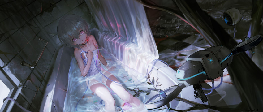 1girl akefumi bathtub choker drone flat_chest highres intravenous_drip one-piece_swimsuit original pink_eyes science_fiction short_hair sitting solo strap_slip swimsuit water