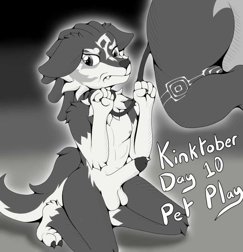 anthro black_and_white canid canine canis collar duo ears_down erection female foxkai genitals hi_res inktober inktober_2023 kinktober leash link_(wolf_form) male mammal midna monochrome nintendo nude penis petplay pivoted_ears roleplay solo_focus submissive submissive_male the_legend_of_zelda the_legend_of_zelda:_twilight_princess twilight_princess wolf