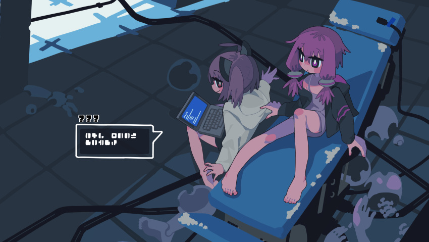 2girls \||/ ahoge barefoot black_hoodie black_shorts blade blush brown_hair cable chinese_commentary commentary_request computer dental_chair dress from_above headgear highres hood hood_down hoodie indoors knee_up laptop litamisu long_sleeves looking_at_another looking_back multiple_girls no_pants on_chair open_clothes open_hoodie purple_dress purple_eyes purple_hair purple_hoodie short_dress short_hair_with_long_locks shorts sitting sleeveless sleeveless_dress smirk spaghetti_strap speech_bubble tile_floor tiles touhoku_kiritan two-tone_hoodie vocaloid voiceroid wariza white_hoodie wide_shot yuzuki_yukari