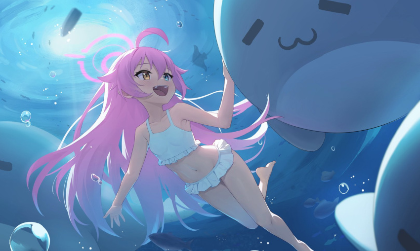 1girl ahoge bare_arms bare_legs bare_shoulders barefoot bikini blue_archive blue_eyes blush breasts collarbone commentary frilled_bikini frills hair_between_eyes halo heterochromia highres hirotaka0125 hoshino_(blue_archive) hoshino_(swimsuit)_(blue_archive) inflatable_toy inflatable_whale long_hair navel official_alternate_costume open_mouth pink_hair pink_halo small_breasts smile solo swimsuit underwater white_bikini yellow_eyes