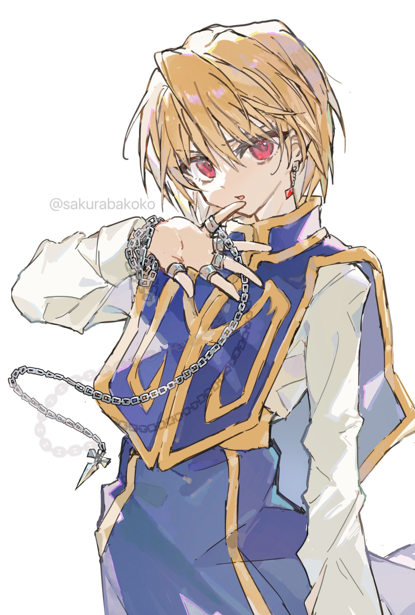 1boy absurdres androgynous blonde_hair blue_tabard chain hair_between_eyes highres hunter_x_hunter kurapika long_sleeves looking_at_viewer male_focus parted_lips red_eyes sakurabakoko shirt simple_background solo tabard twitter_username white_background white_shirt