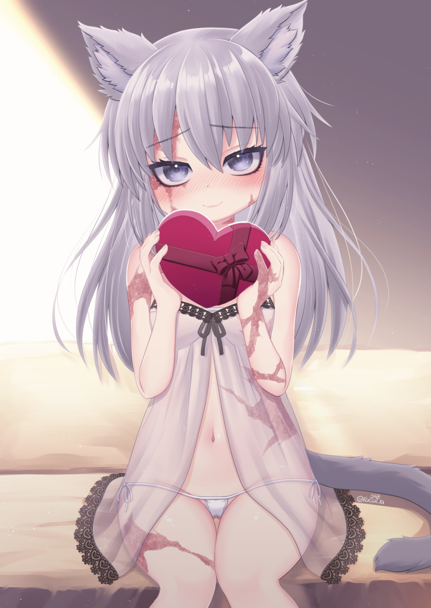 1girl animal_ears babydoll bikini bikini_under_clothes blush box box_of_chocolates breasts burn_scar cameltoe cat_ears cat_tail dorei_to_no_seikatsu_~teaching_feeling~ grey_hair heart highres kemonomimi_mode legs_together long_hair looking_at_viewer micro_bikini navel panties pillow purple_eyes racal_ra scar scar_on_arm scar_on_face scar_on_leg sitting small_breasts smile solo swimsuit sylvie_(dorei_to_no_seikatsu) tail twitter_username underwear