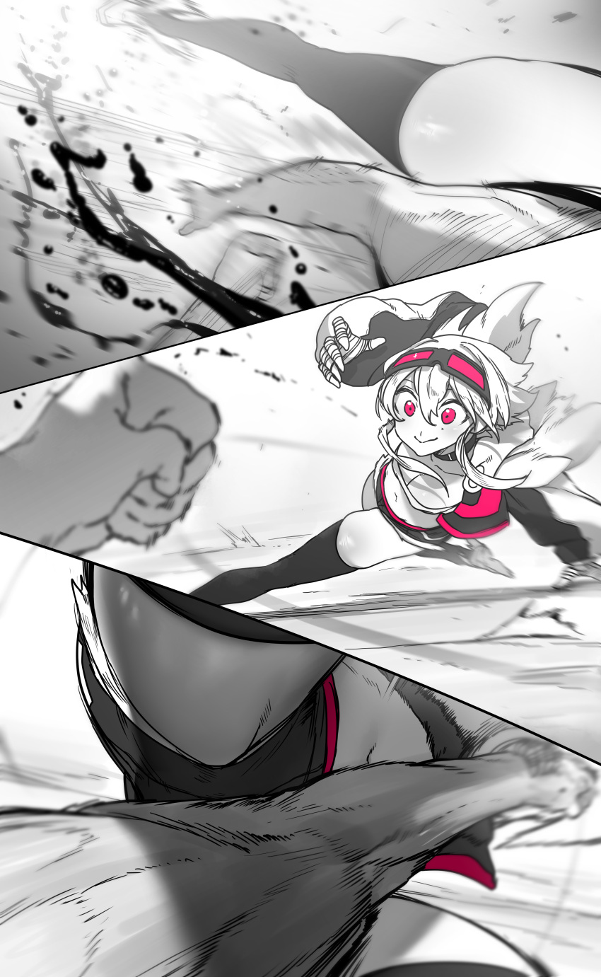 1boy 1girl absurdres ass bandaged_hand bandages battle black_thighhighs blood body_blush breasts cleavage clenched_hand cropped_jacket falling goggles goggles_on_head greyscale highres kicking long_sleeves midriff monochrome motion_lines muscular muscular_male navel niwamaru_(niwarhythm) niwarhythm original reaching reaching_towards_viewer shiny_skin short_shorts shorts spot_color spread_legs thighhighs