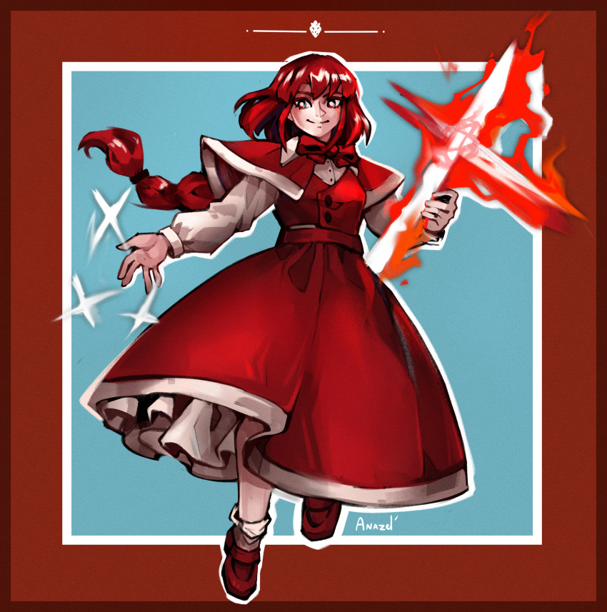 1girl absurdres anazel braid braided_ponytail bright_pupils capelet closed_mouth commentary dress english_commentary full_body highres long_hair looking_at_viewer okazaki_yumemi outline red_capelet red_dress red_eyes red_footwear red_hair signature smile socks solo touhou touhou_(pc-98) white_outline white_pupils white_socks