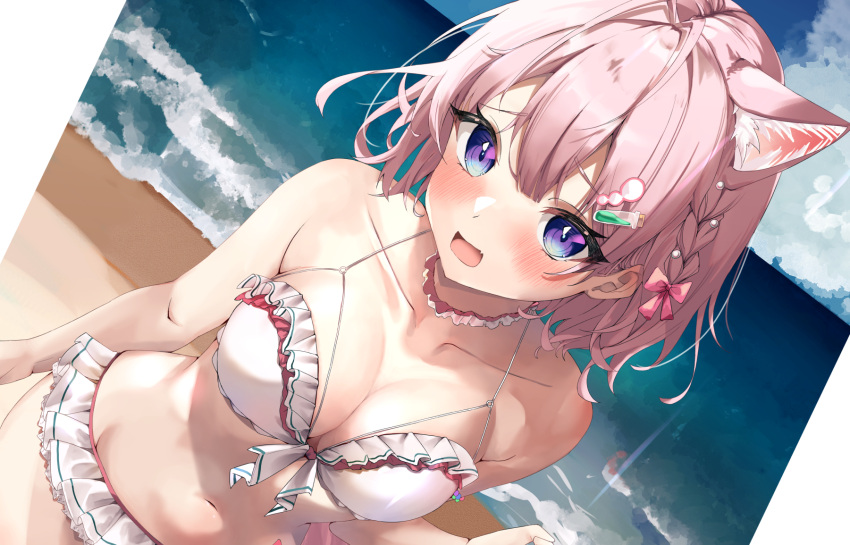 1girl animal_ears antenna_hair armband bare_arms bare_shoulders beach bikini bikini_skirt blue_sky blush bow braid breasts choker cleavage cloud cloudy_sky collarbone day dutch_angle extra_ears fang frilled_bikini frilled_choker frills hair_between_eyes hair_bow hair_ornament hakui_koyori hakui_koyori_(3rd_costume) heraraido_re highres hololive large_breasts looking_at_viewer medium_hair navel ocean open_mouth outdoors pink_bow pink_choker pink_hair purple_eyes skin_fang sky solo stomach swimsuit two-tone_choker virtual_youtuber water white_bikini white_choker wolf_ears wolf_girl