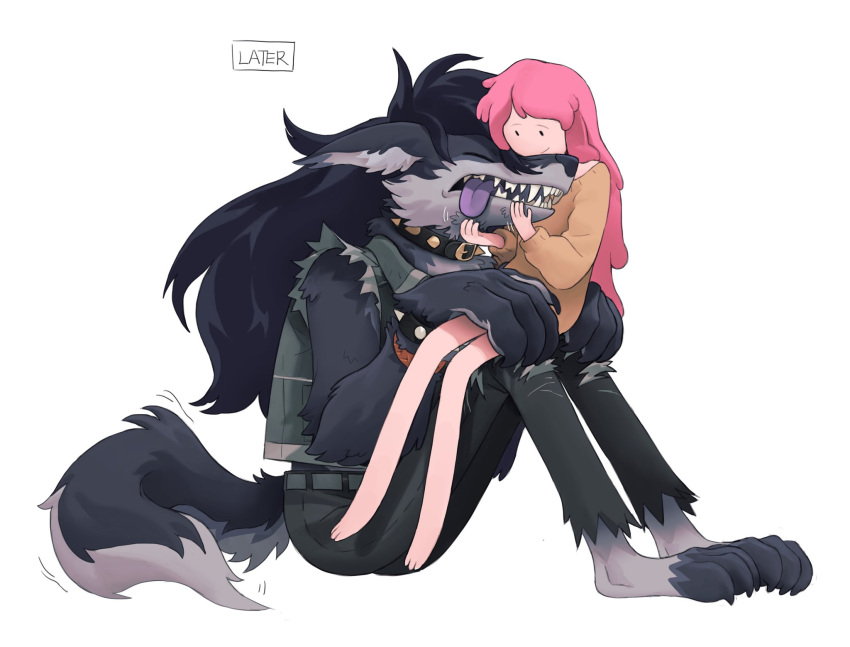 2023 adventure_time anthro anthrofied biped black_body black_fur black_hair blush canid canine cartoon_network chin_scratch claws digital_media_(artwork) duo fangs female female/female finger_claws fur grey_body grey_fur hair hi_res humanoid larger_anthro larger_female long_hair mammal marceline_abadeer petting princess_bubblegum simple_background sitting sitting_on_knees size_difference smaller_female smaller_humanoid smile teeth telson were werecanid werecanine werewolf white_background