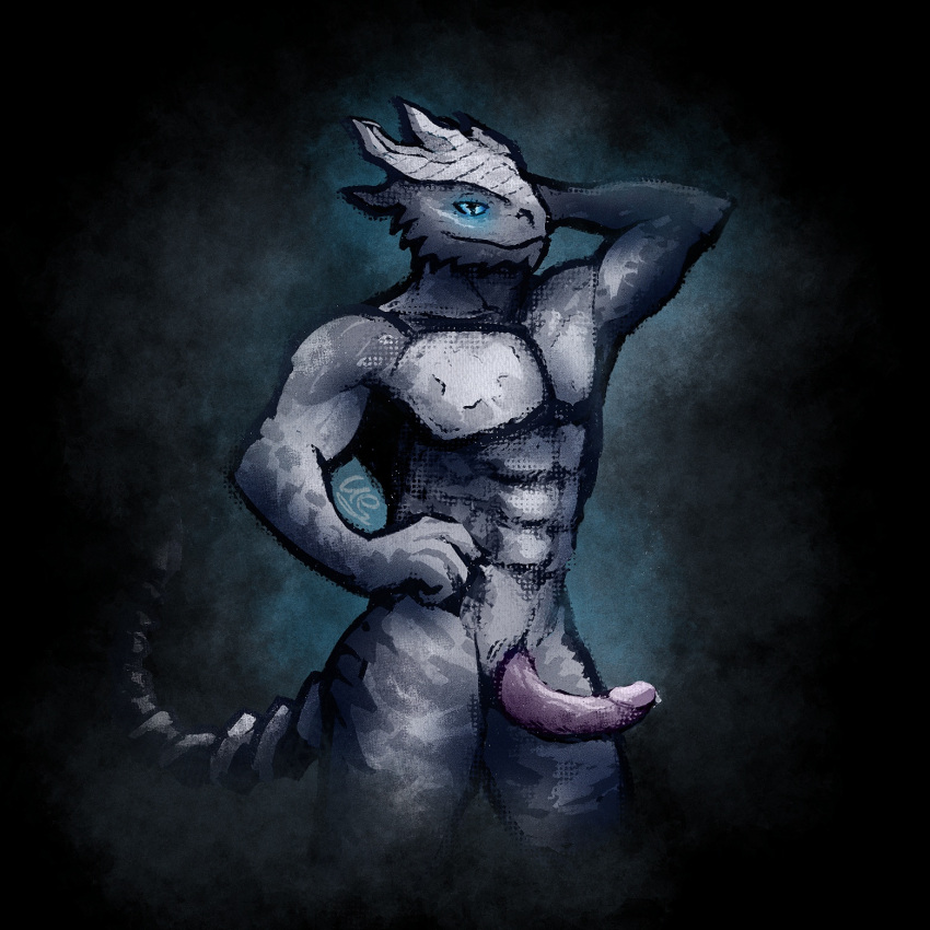 1:1 anthro baldur's_gate_3 blue_eyes bodily_fluids dragon dragonborn_(dnd) dungeons_and_dragons genital_fluids genitals hasbro hi_res lizard male male/male muscular muscular_male penis precum reptile scales scalie slit solo tail uselence white_body wizards_of_the_coast